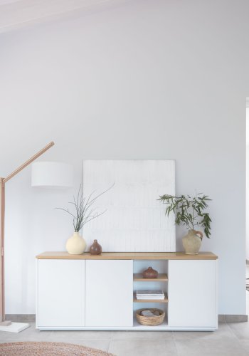 KAVE HOME Abilen sknk, m. 3 lger og 4 hylder - hvid MDF og natur egetrsfinér