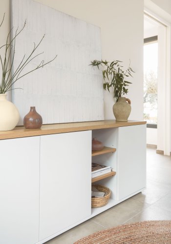 KAVE HOME Abilen sknk, m. 3 lger og 4 hylder - hvid MDF og natur egetrsfinér