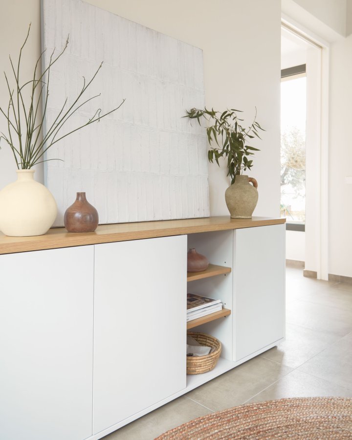 KAVE HOME Abilen sknk, m. 3 lger og 4 hylder - hvid MDF og natur egetrsfinér