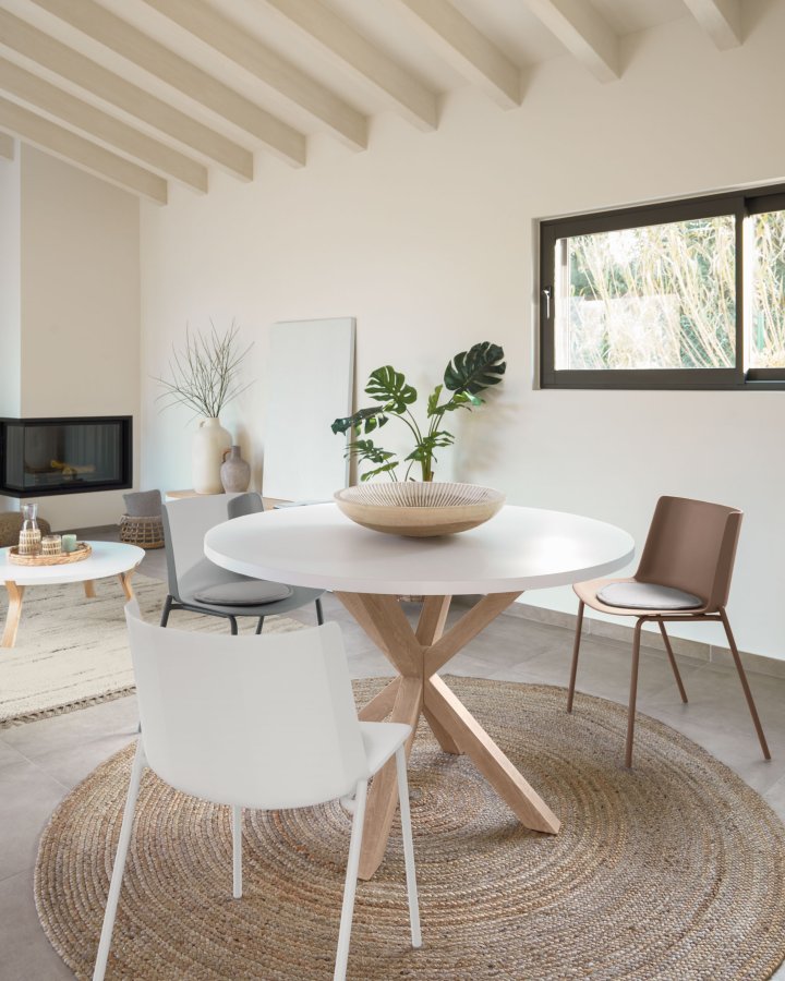 KAVE HOME Fuld Argo spisebord, rund - hvid melamin og natur stl med treffekt (120)