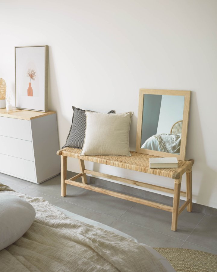 KAVE HOME Beida bnk, rektangulr - natur rattan og teaktr (120x40)