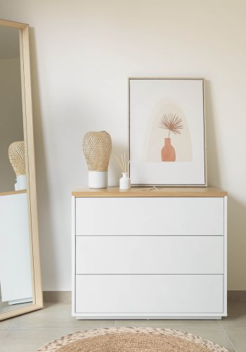 KAVE HOME Abilen kommode, m. 3 skuffer - hvid MDF og natur egetrsfinèr 