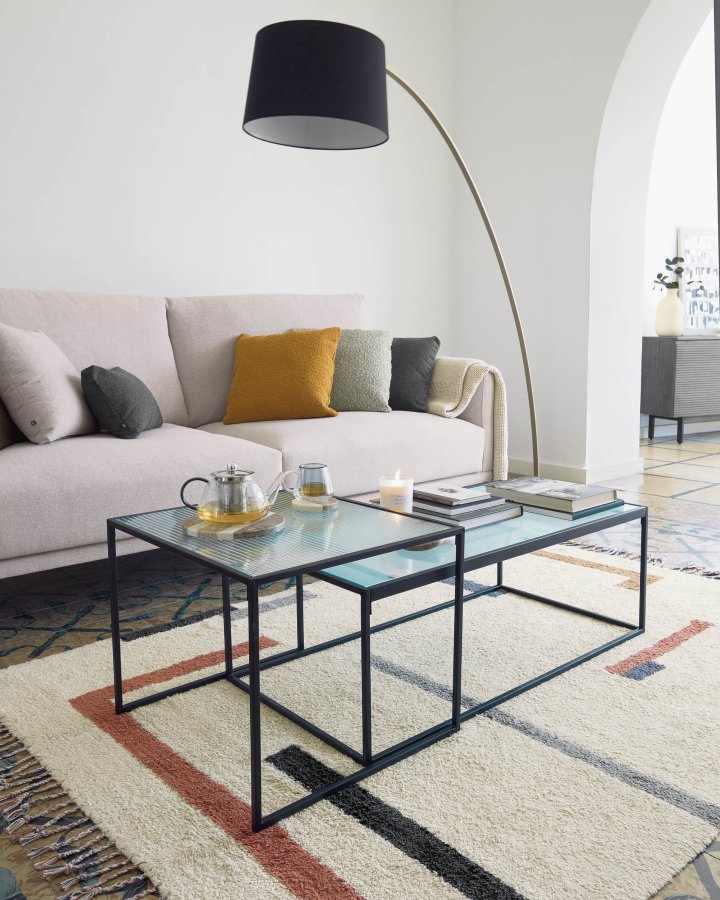 KAVE HOME Akemi sofabord, firkantet - sort stl og klar/struktureret glas (st m. 2)