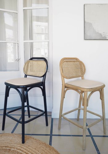 KAVE HOME Doriane barstol, m. rygln og fodsttte - natur rattan, stof og egetr