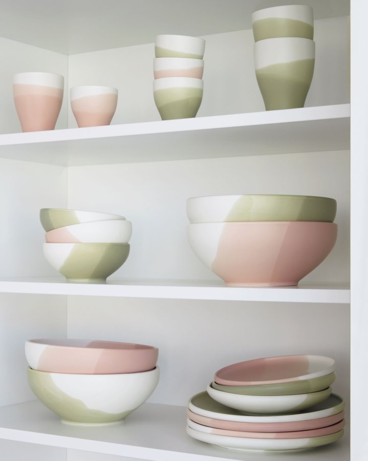 KAVE HOME Sayuri stor skl - grn og hvid porceln (24,3)