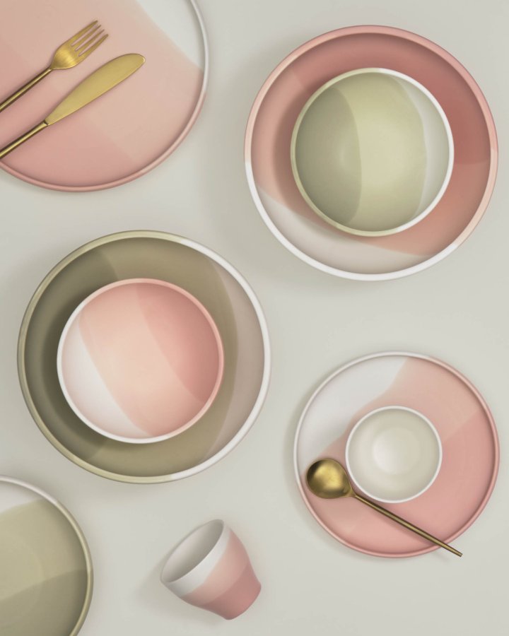 KAVE HOME Sayuri stor skl - grn og hvid porceln (24,3)