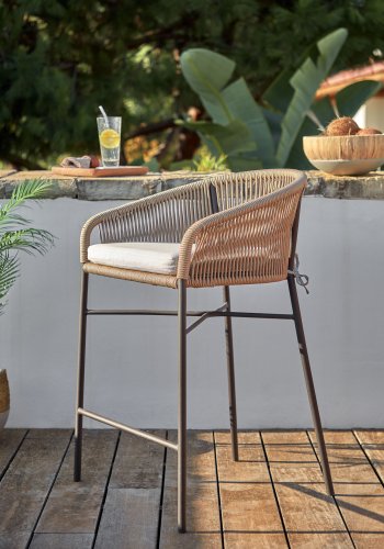 KAVE HOME Yanet barstol, m. hynde, armln og fodsttte - beige snor og stl