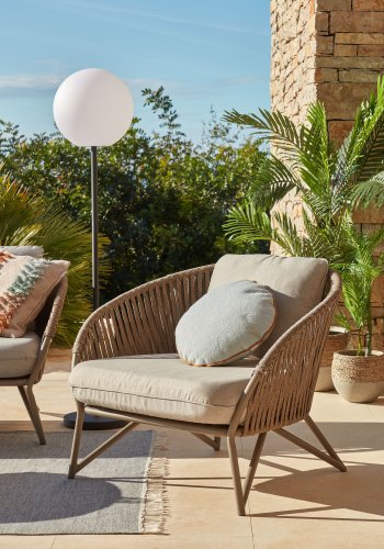 KAVE HOME Branzie lnestol - brunt metal og reb, m. grnbrune hynder, m. armln