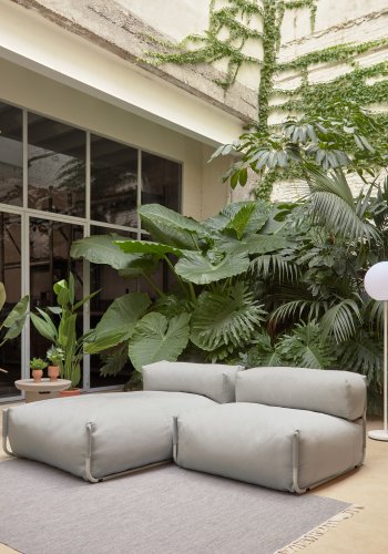 KAVE HOME Square chaiselong modul til havesofa, m. rygln - lysegr stof og hvid aluminium (165x101) 