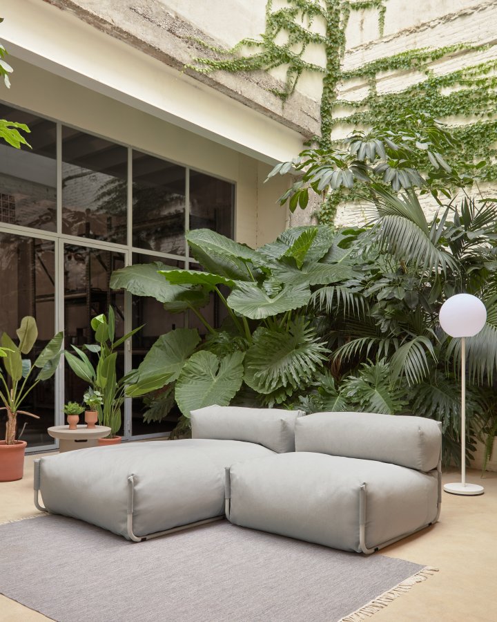 KAVE HOME Square chaiselong modul til havesofa, m. rygln - lysegr stof og hvid aluminium (165x101) 