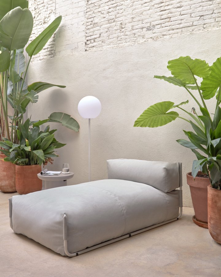 KAVE HOME Square chaiselong modul til havesofa, m. rygln - lysegr stof og hvid aluminium (165x101) 