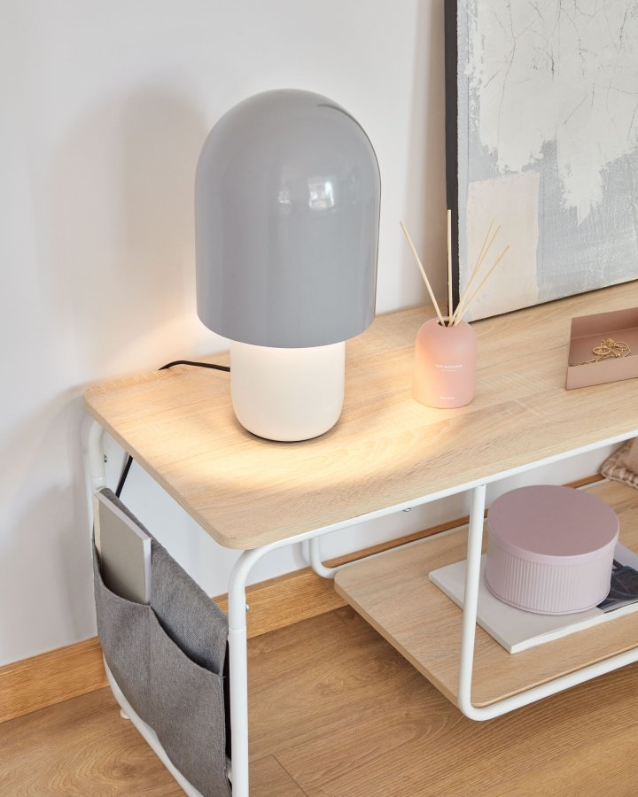 KAVE HOME Yamina TV-bord, m. hylde og gr stoflommer - natur melamin og hvid stl (110x40)