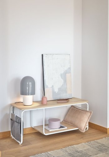 KAVE HOME Yamina TV-bord, m. hylde og gr stoflommer - natur melamin og hvid stl (110x40)