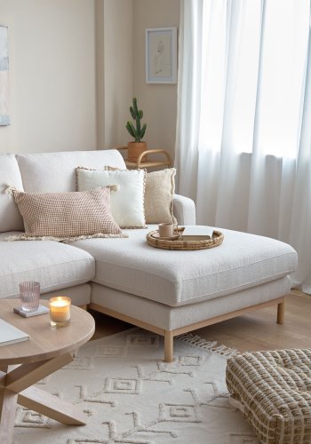 KAVE HOME Mihaela 3 pers. sofa med hjre chaiselong - hvid mikrobouclé og natur bgetr