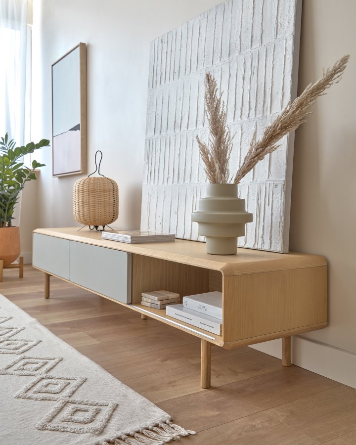 KAVE HOME Anielle TV-bord, m. 2 skydelger - gr/natur askefinér/asketr (180x41)