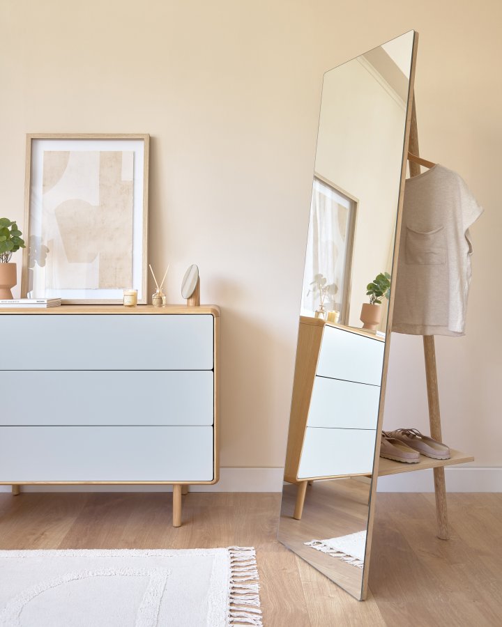 KAVE HOME Keisy gulvspejl, m. bjlestang og hylde - spejlglas og natur tr (45x160)