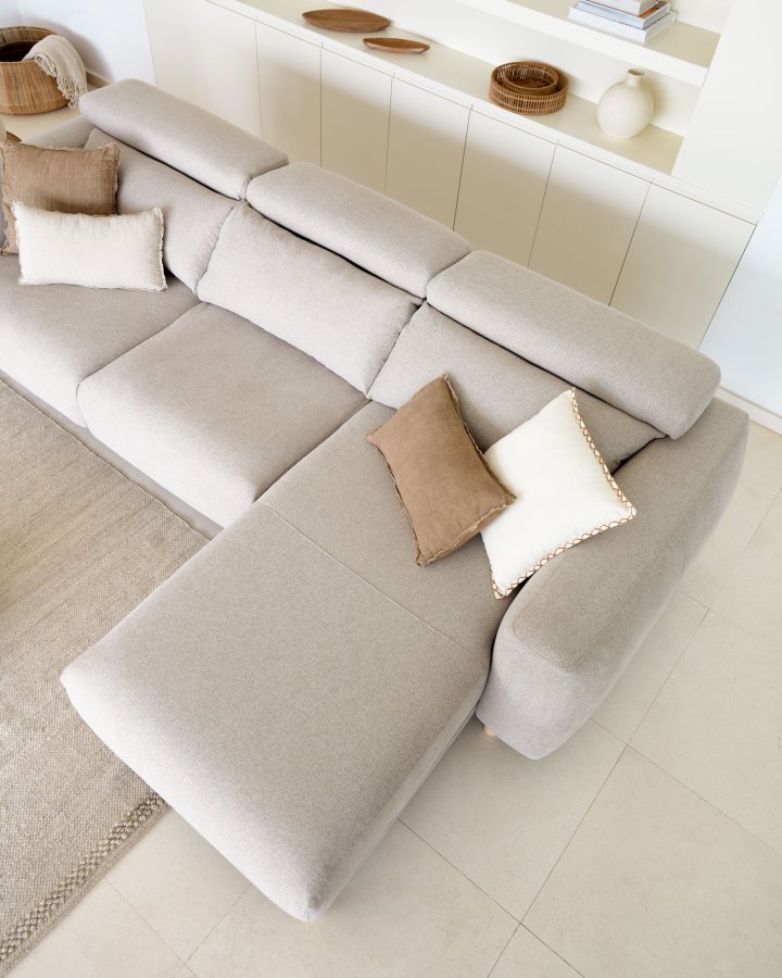 KAVE HOME Singa 3 pers. sofa, m. hjre chaiselong - beige stof og natur bgetr