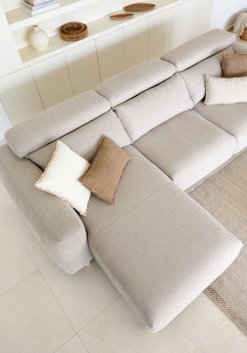 KAVE HOME Singa 3 pers. sofa, m. venstre chaiselong - beige stof og natur bgetr