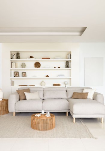 KAVE HOME Singa 3 pers. sofa, m. hjre chaiselong - beige stof og natur bgetr