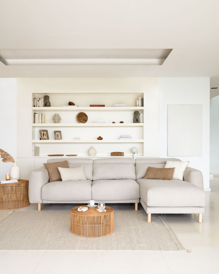 KAVE HOME Singa 3 pers. sofa, m. hjre chaiselong - beige stof og natur bgetr