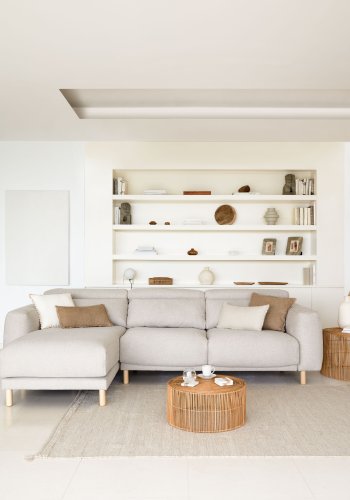 KAVE HOME Singa 3 pers. sofa, m. venstre chaiselong - beige stof og natur bgetr