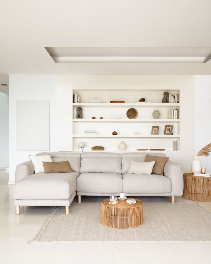 KAVE HOME Singa 3 pers. sofa, m. venstre chaiselong - beige stof og natur bgetr