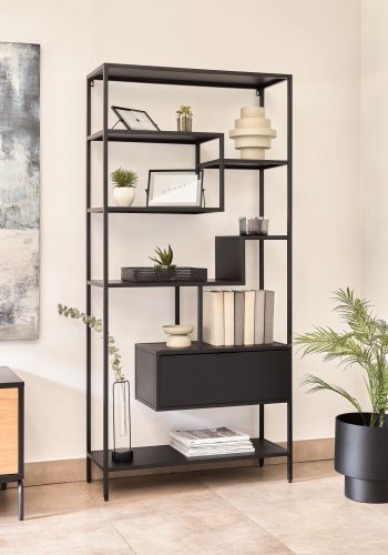 KAVE HOME Shantay reol, m. skuffe - sort stl (H:168cm x80cm x 31cm)