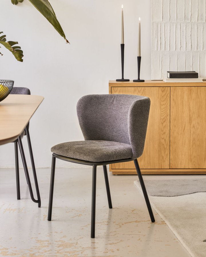KAVE HOME Ciselia spisebordsstol - mrkegr chenille stof og sort stl