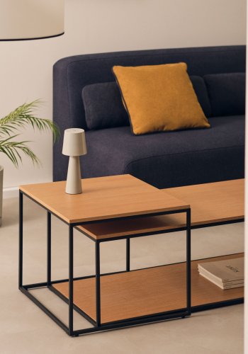 KAVE HOME Yoana sofabord, m. 1 bund hylde - natur egetrsfinér og hvid jern (st af 2)