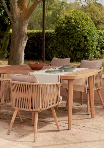 KAVE HOME Hemilce lnestol, m. armln og stofhynder - beige polyethylen og natur akacietr