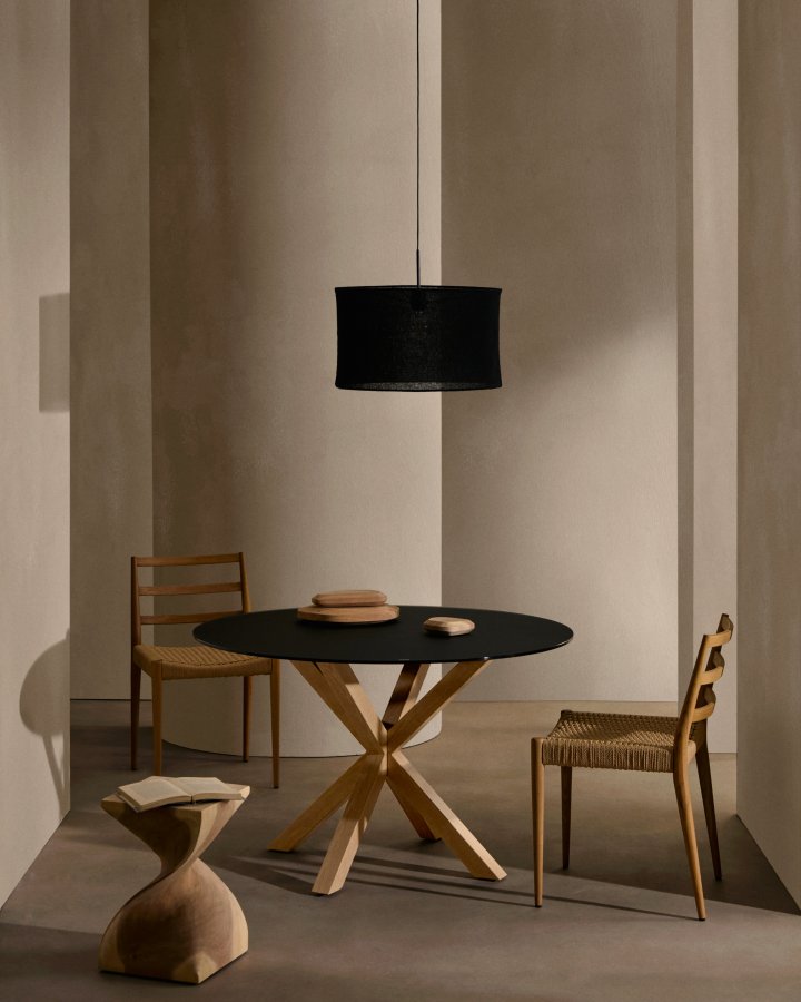 KAVE HOME Argo spisebord, rund - matteret sort glas og stl med trfinish (120)