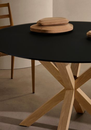 KAVE HOME Argo spisebord, rund - matteret sort glas og stl med trfinish (120)