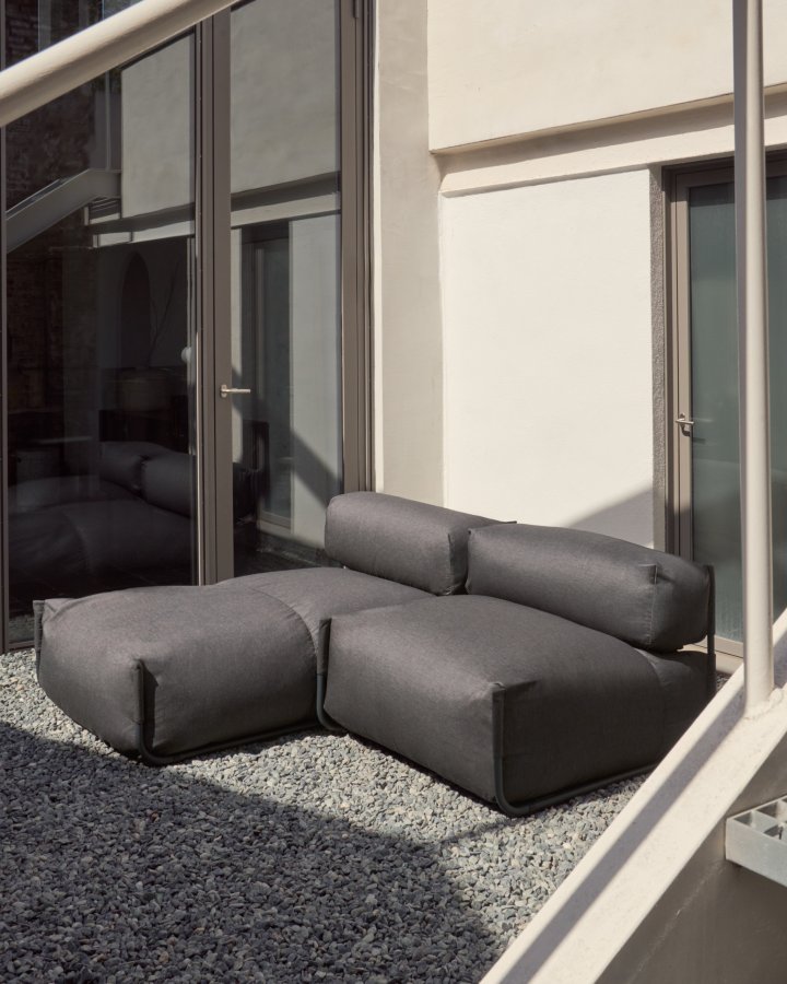 KAVE HOME Square chaiselong modul til havesofa - m. rygln - mrkegr stof, sort aluminium (165x101) 