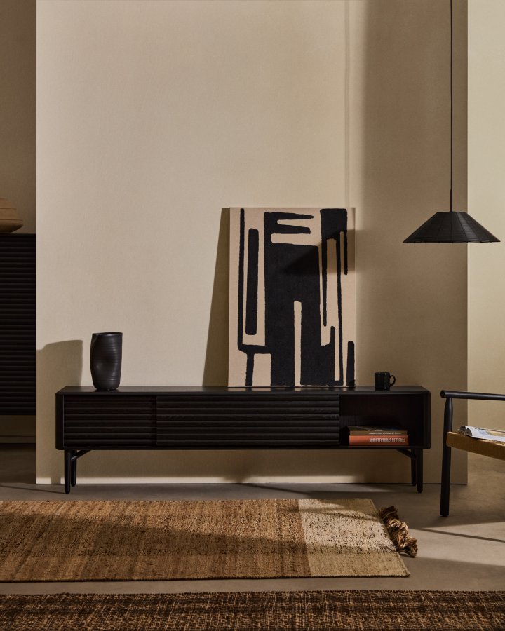 KAVE HOME Lenon tv-skab, 2 lger i massivt tr og sort egefiner 200x57 cm FSC Mix Credit