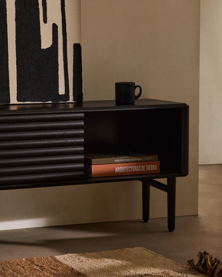 KAVE HOME Lenon tv-skab, 2 lger i massivt tr og sort egefiner 200x57 cm FSC Mix Credit