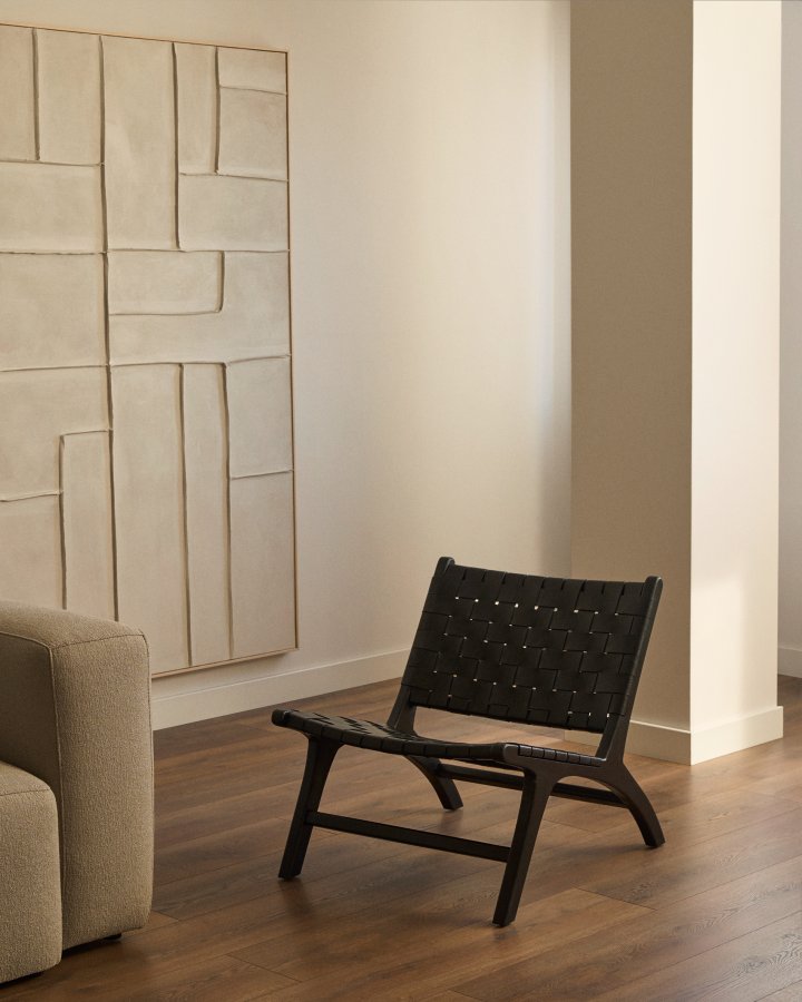 KAVE HOME Calixta loungestol, u. armln - sort hndflettet lder og sort mahognitr 