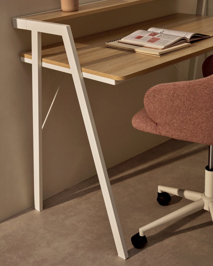 KAVE HOME rektangulr Aarhus skrivebord m. hylde - natur melamin og hvid stl (114,5x60)