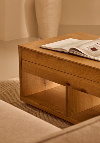 KAVE HOME Alguema sofabord, m. 2 skuffer  og 2 rum - natur egefiner (140x60)