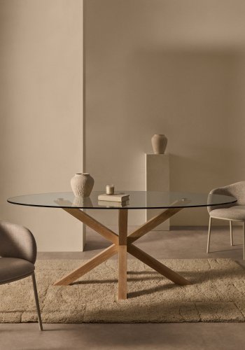 KAVE HOME Argo spisebord, oval - klar glas og stl med trfinish (200x100)
