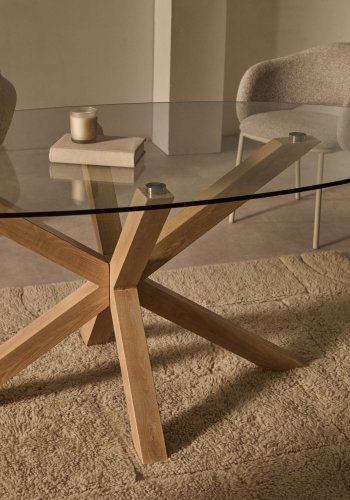 KAVE HOME Argo spisebord, oval - klar glas og stl med trfinish (200x100)