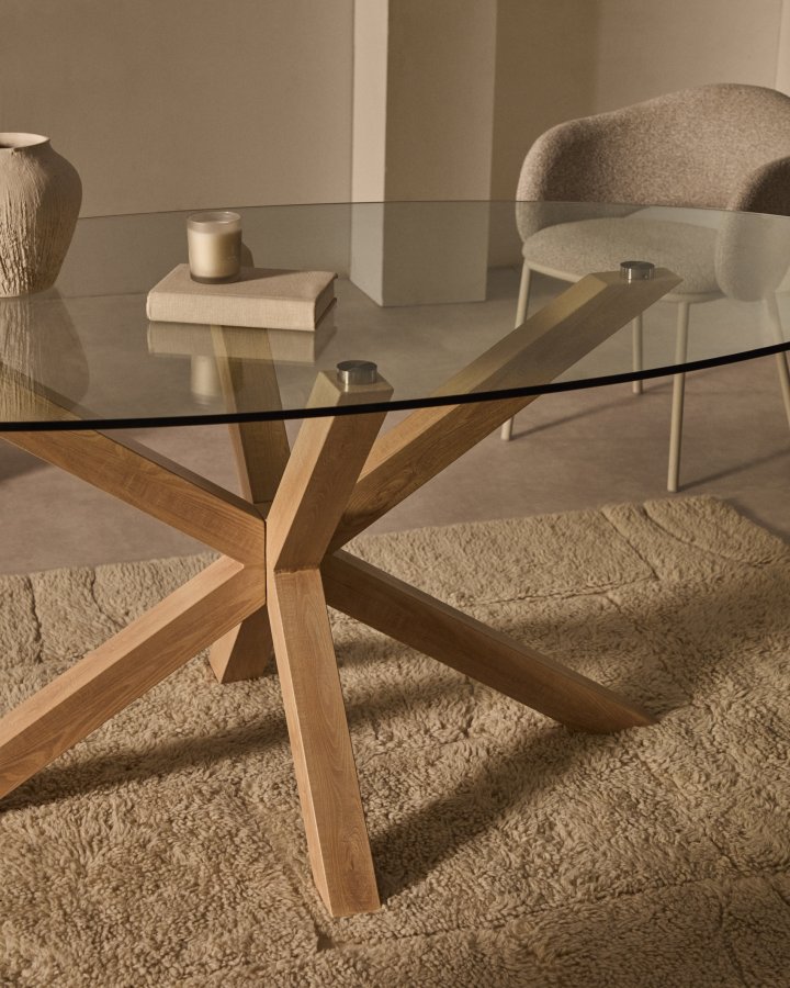 KAVE HOME Argo spisebord, oval - klar glas og stl med trfinish (200x100)