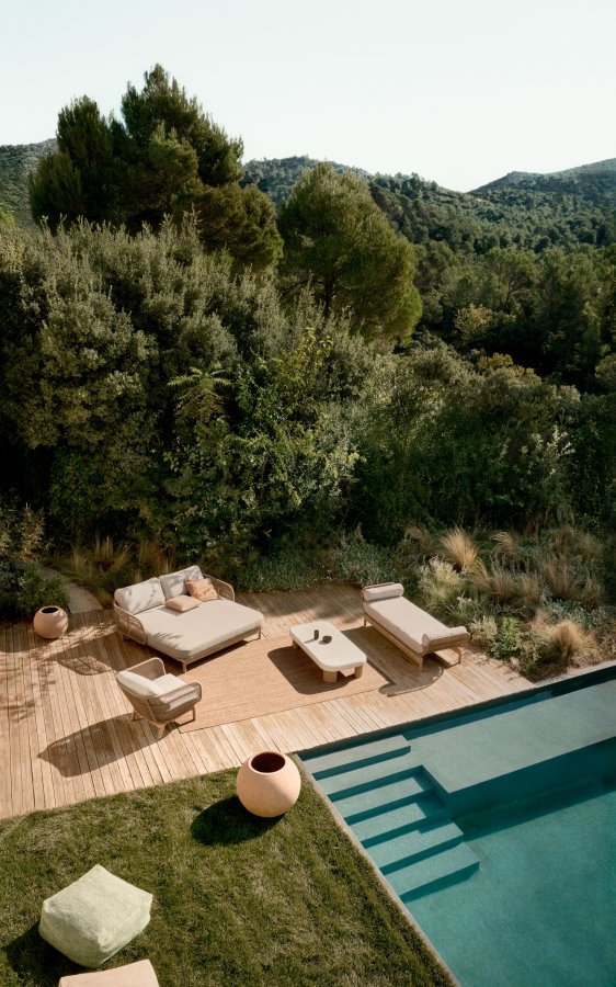 KAVE HOME Catalina dobbelt solseng, m. rygln og hynder - beige tovsnor og akacietr