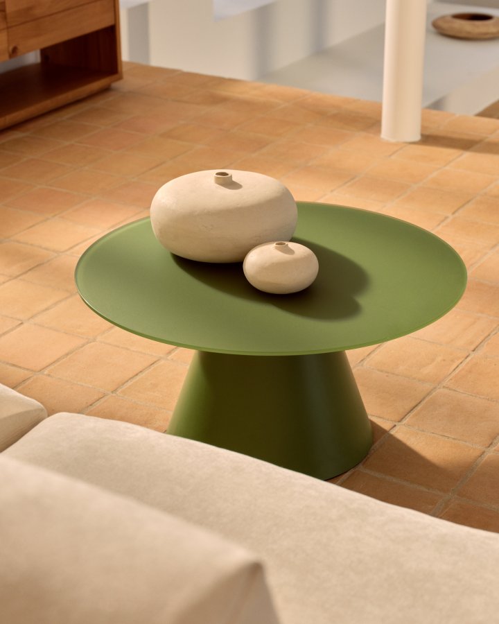 KAVE HOME Wilshire sofabord med matteret hrdet glas og matgrn malet stl finish Ã˜80c