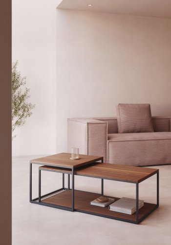 KAVE HOME Yoana sofabord, m. 1 bund hylde - brun valnddefinér og sort jern (st af 2)