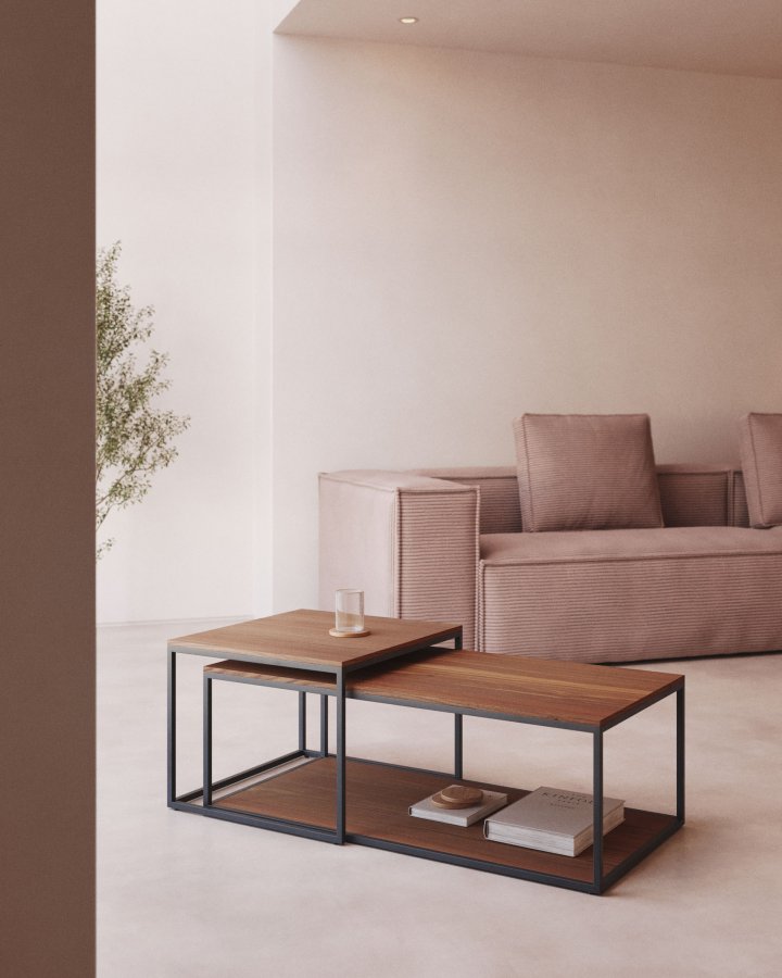 KAVE HOME Yoana sofabord, m. 1 bund hylde - brun valnddefinér og sort jern (st af 2)