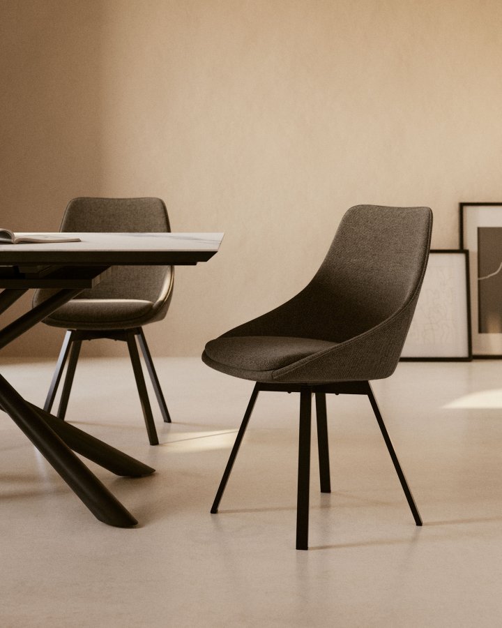 KAVE HOME Haston spisebordsstol m. armln - mrkegr stof og metal med krydsfiner