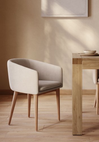 KAVE HOME Harlan spisebordsstol, m. armln - beige chenille stol og natur asketr