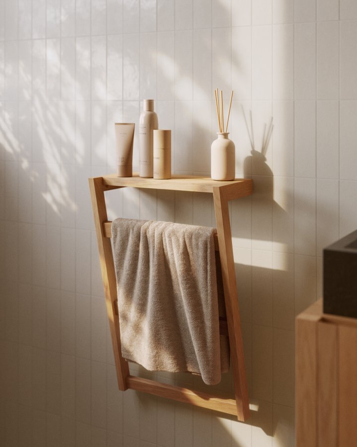 KAVE HOME Sunday hndkldestativ - massivt teaktr, til vg, m. 1 hylde