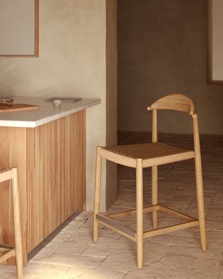 KAVE HOME Glynis barstol - beige/natur polyester/eukalyptustr, hj