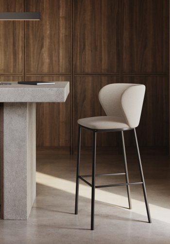 KAVE HOME Ciselia barstol, m. rygln og fodsttte - beige chenille stof og sort stl